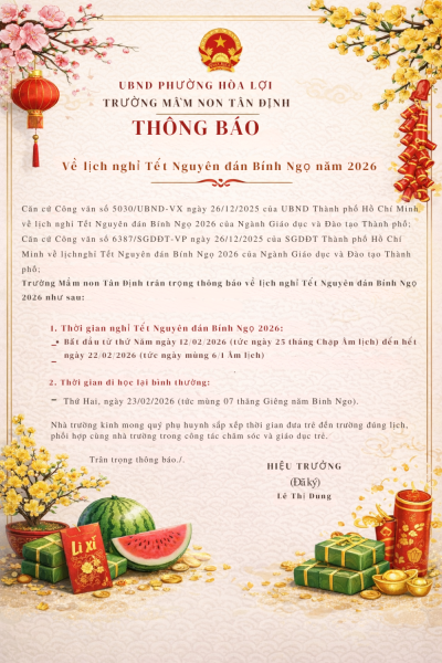 UBND PHƯỜNG HÒA LỢI TRƯỜNG MẦM NON TÂN ĐỊNH THÔNG BÁO